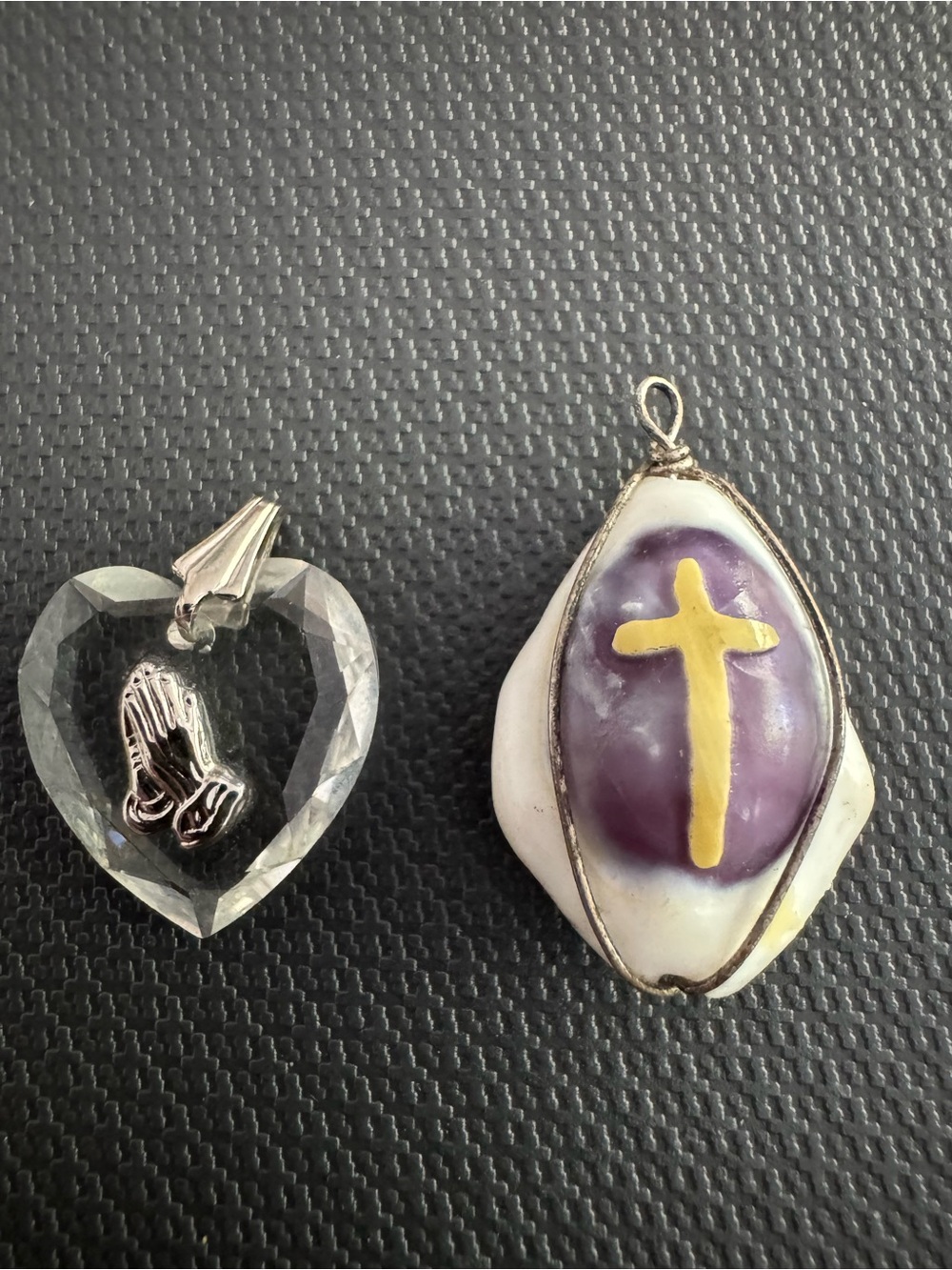 Handcrafted Cross Shell Pendant. Clear glass pendant praying hands